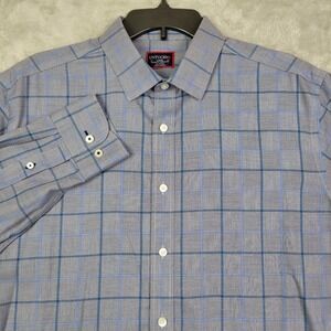 Untuckit Mens Large Long Sleeve Button Up‎ Shirt Grey with Blue Plaid Cotton